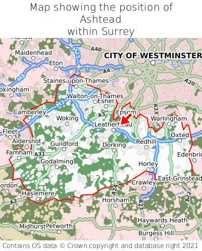 Map showing location of Ashtead within Surrey