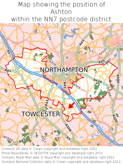 Map showing location of Ashton within NN7