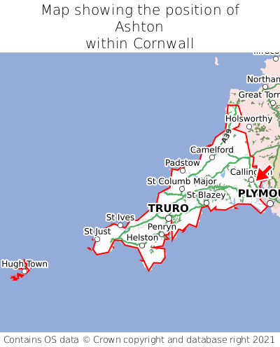 Map showing location of Ashton within Cornwall