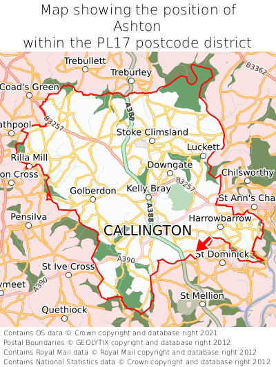 Map showing location of Ashton within PL17