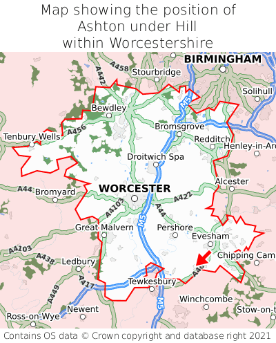 Map showing location of Ashton under Hill within Worcestershire