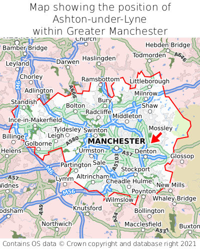 Map showing location of Ashton-under-Lyne within Greater Manchester