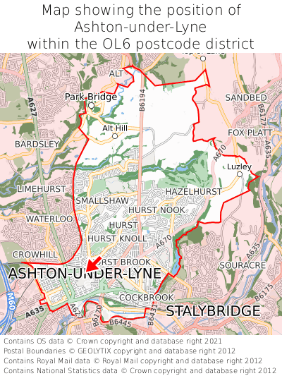 Map showing location of Ashton-under-Lyne within OL6
