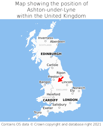 Map showing location of Ashton-under-Lyne within the UK