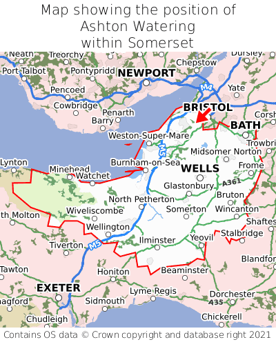 Map showing location of Ashton Watering within Somerset