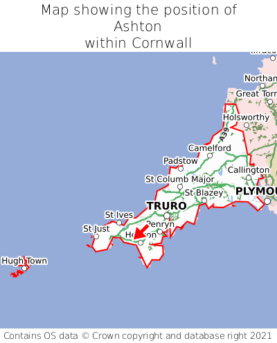 Map showing location of Ashton within Cornwall