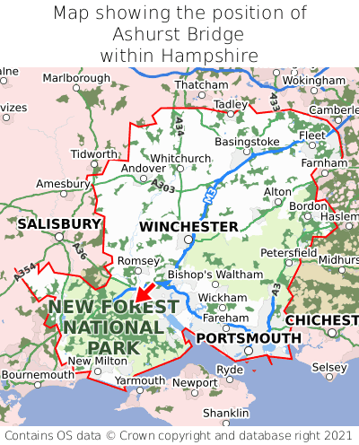 Map showing location of Ashurst Bridge within Hampshire