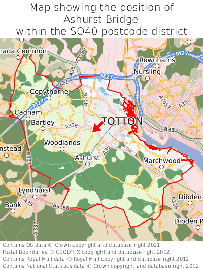 Map showing location of Ashurst Bridge within SO40