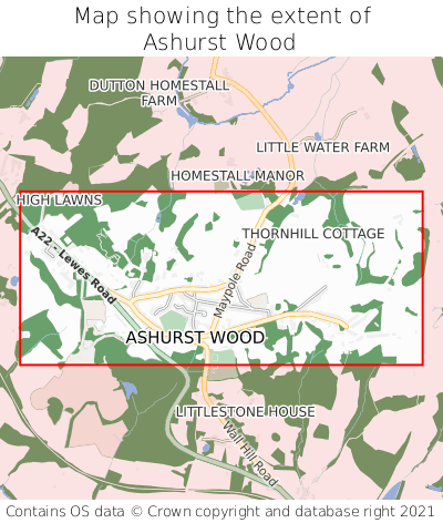 Map showing extent of Ashurst Wood as bounding box