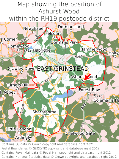 Map showing location of Ashurst Wood within RH19