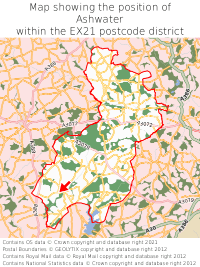 Map showing location of Ashwater within EX21