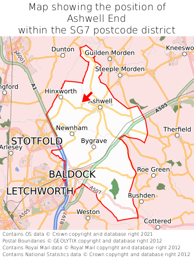 Map showing location of Ashwell End within SG7