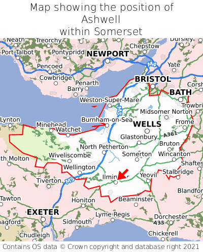 Map showing location of Ashwell within Somerset