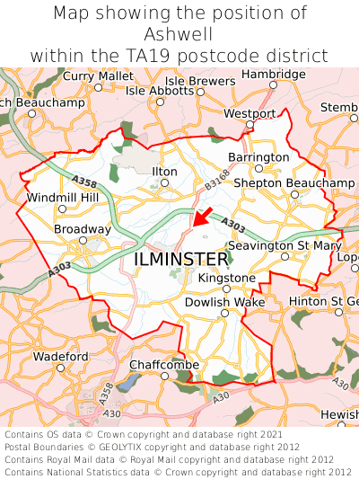 Map showing location of Ashwell within TA19