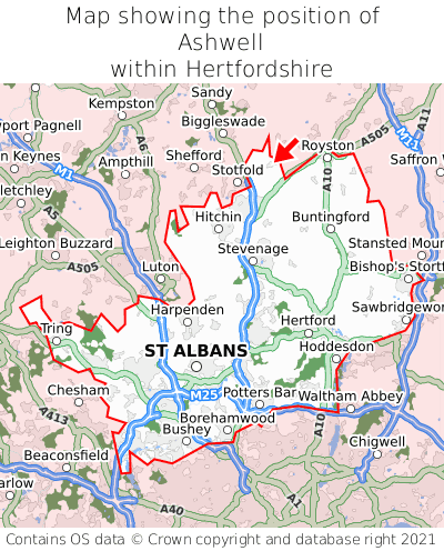 Map showing location of Ashwell within Hertfordshire