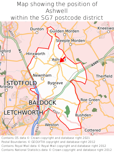 Map showing location of Ashwell within SG7