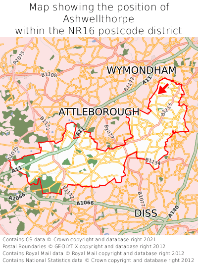 Map showing location of Ashwellthorpe within NR16