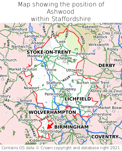 Map showing location of Ashwood within Staffordshire