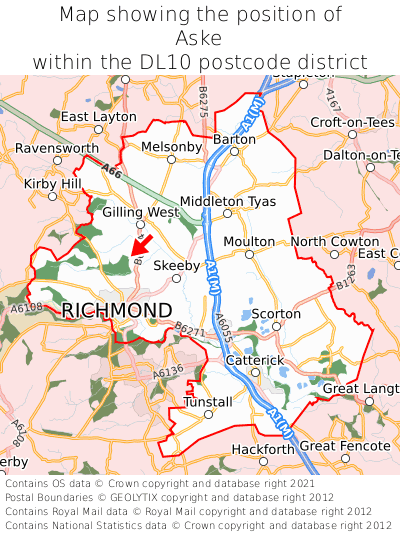 Map showing location of Aske within DL10