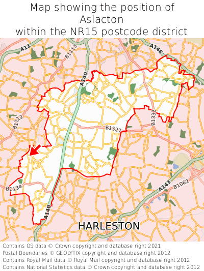 Map showing location of Aslacton within NR15