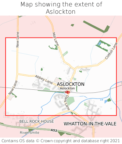 Map showing extent of Aslockton as bounding box