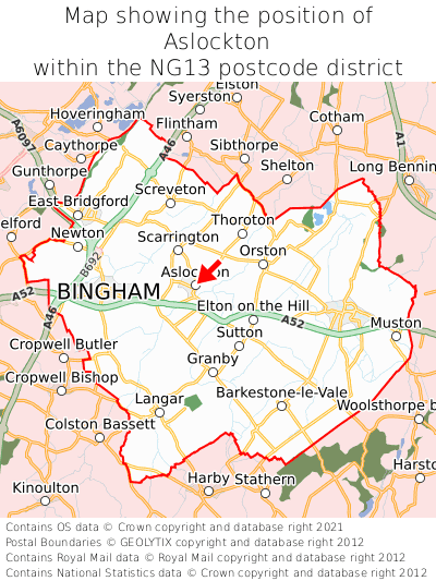 Map showing location of Aslockton within NG13
