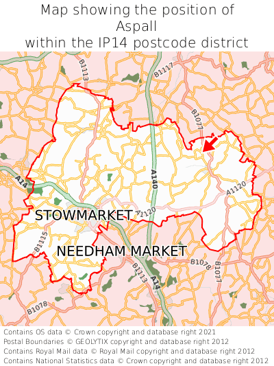 Map showing location of Aspall within IP14
