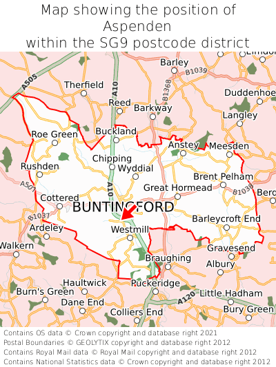 Map showing location of Aspenden within SG9
