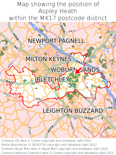 Map showing location of Aspley Heath within MK17