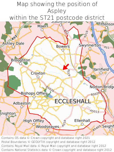 Map showing location of Aspley within ST21