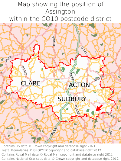 Map showing location of Assington within CO10