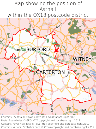 Map showing location of Asthall within OX18