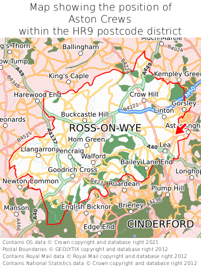 Map showing location of Aston Crews within HR9