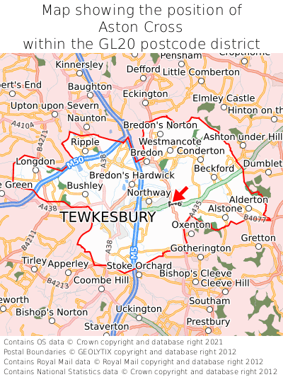 Map showing location of Aston Cross within GL20