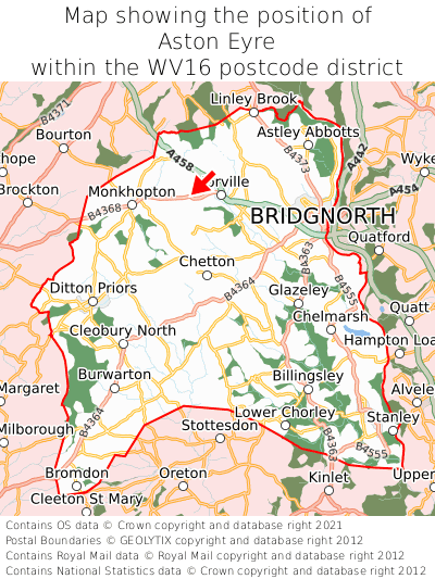 Map showing location of Aston Eyre within WV16
