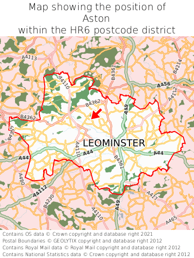 Map showing location of Aston within HR6