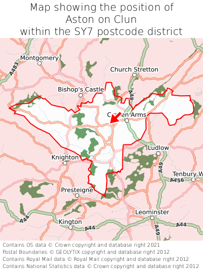 Map showing location of Aston on Clun within SY7