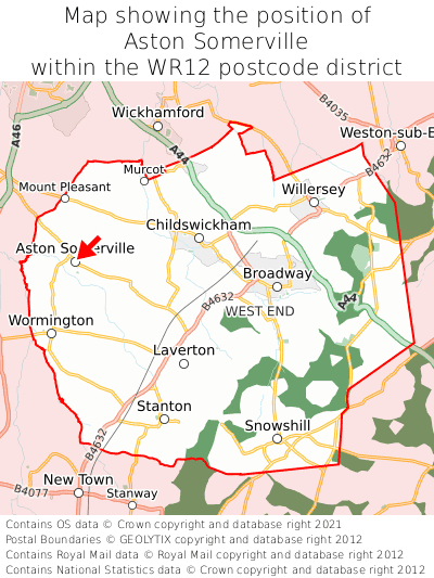 Map showing location of Aston Somerville within WR12