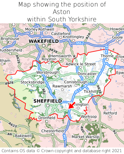 Map showing location of Aston within South Yorkshire