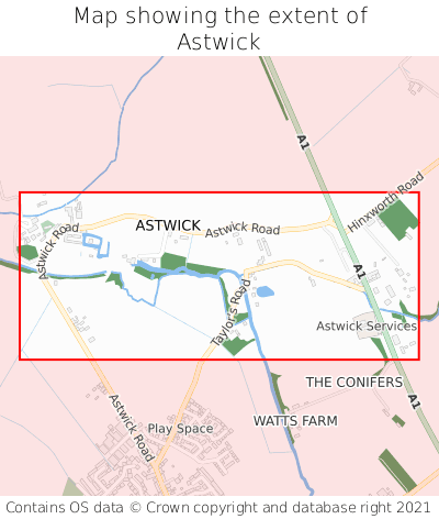 Map showing extent of Astwick as bounding box