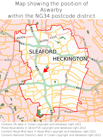 Map showing location of Aswarby within NG34