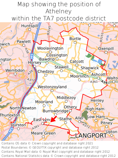 Map showing location of Athelney within TA7