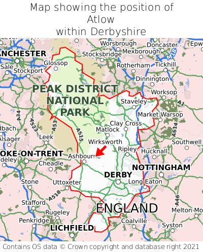 Map showing location of Atlow within Derbyshire