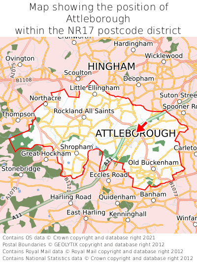 Map showing location of Attleborough within NR17