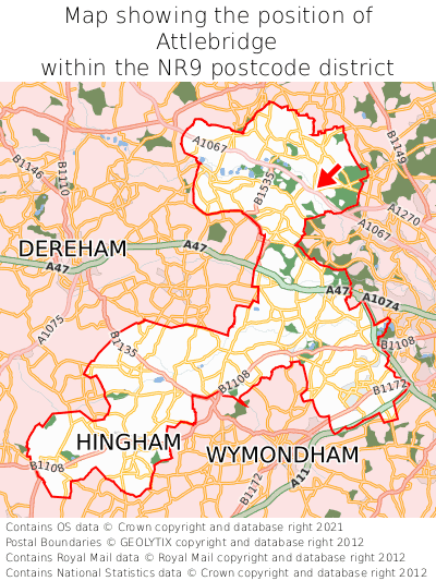 Map showing location of Attlebridge within NR9
