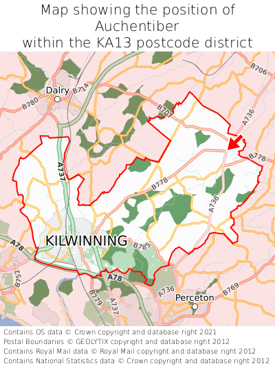 Map showing location of Auchentiber within KA13