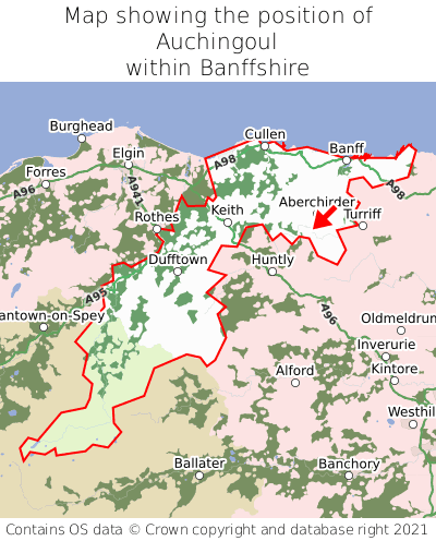 Map showing location of Auchingoul within Banffshire
