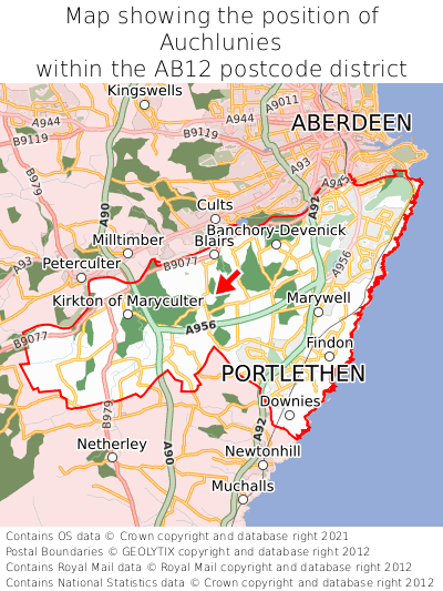 Map showing location of Auchlunies within AB12
