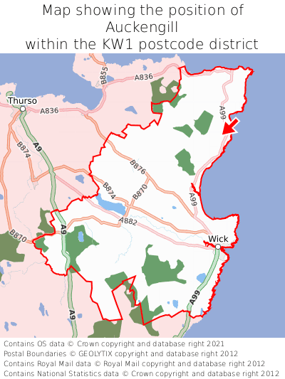 Map showing location of Auckengill within KW1