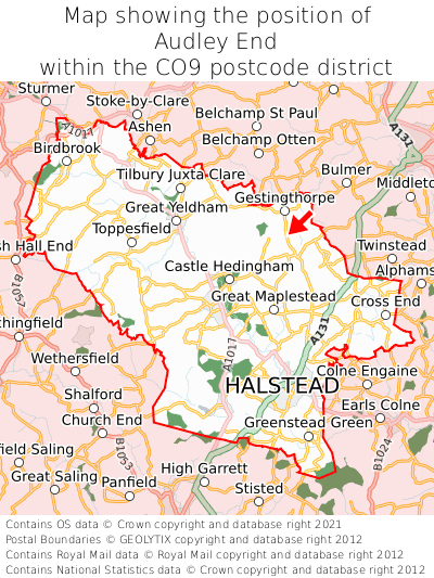 Map showing location of Audley End within CO9